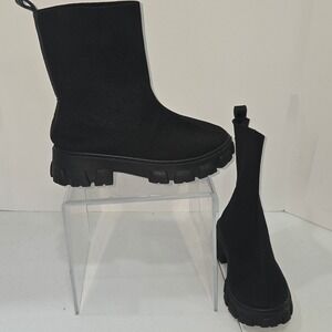Wild Diva Lounge Black Sock Ankle Boots Lug Sole Platform Chunky Booties Sz 8.5